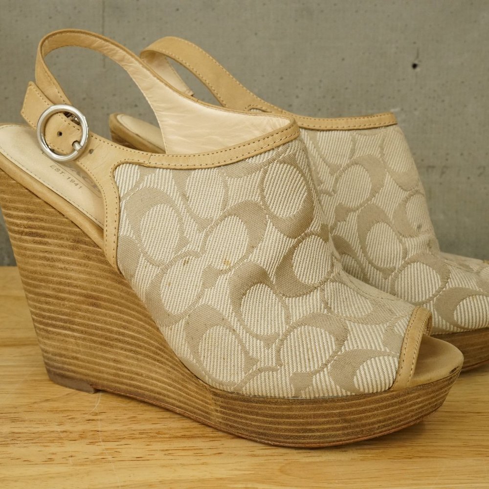 Coach Logo Pattern Wedge Slingback Platform Shoes… - image 1